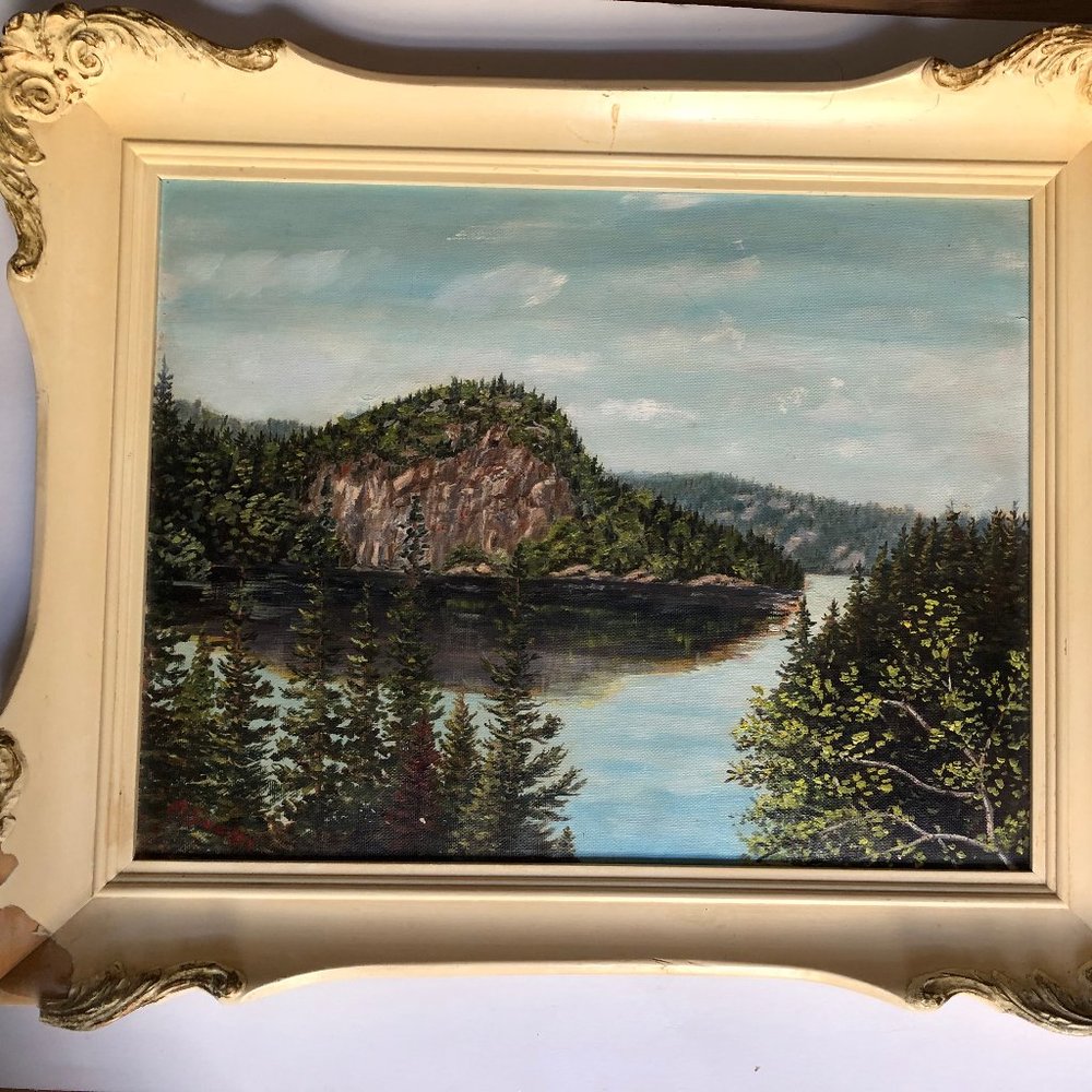 Original oil painting on canvas board  landscape lake mountain tree frame signed
